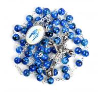 Kuesn Amethyst Catholic Rosary Necklace 6mm Purple Pearl Beads Rose Flower Cross Religious Necklace (Sapphire Blue)