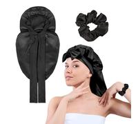 KufaerBeam Long Satin Bonnet for Women, Extra Large Satin Sleep Cap with Tie Band and Scrunchies for Women and Girls Curly Hair (Black)