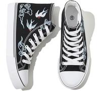 kufeiti Women’s High Top Canvas Sneakers Canvas Shoes Lace up White Black Sneakers Casual Walking Shoes, Black Lucky, 6 UK