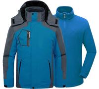 Kugnala Mens Winter Skiing Jacket 3 in 1 Waterproof Warm Snow Fleece Lining Coat Hooded Windproof Jacket S-6XL, Peacock Blue/Grey, 4XL