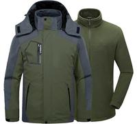 Kugnala Mens Winter Skiing Jacket 3 in 1 Waterproof Warm Snow Fleece Lining Coat Hooded Windproof Jacket S-6XL, Green/Grey, 4XL