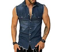 KUGO Men's Tank Shirt Summer T-Shirt Men's Sleeveless Denim Shirt Men's Tank Top Men's Button Placket Undershirt Men's Lapel Pocket Decoration A-Blue L