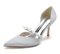 KUHAOFEU 3.34 in Classic Pointy Pull on Heeled Wedding Pumps Stiletto Closed Toe Dress Heels for Prom Work,Silver,5 UK