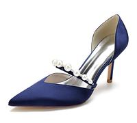 KUHAOFEU 3.34 in Classic Pointy Pull on Heeled Wedding Pumps Stiletto Closed Toe Dress Heels for Prom Work,Navy,9 UK