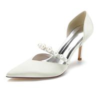 KUHAOFEU 3.34 in Classic Pointy Pull on Heeled Wedding Pumps Stiletto Closed Toe Dress Heels for Prom Work,Ivory,5 UK