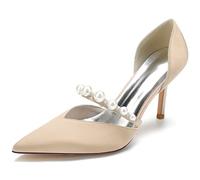 KUHAOFEU 3.34 in Classic Pointy Pull on Heeled Wedding Pumps Stiletto Closed Toe Dress Heels for Prom Work,Champagne,8 UK