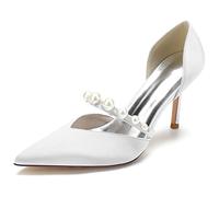 KUHAOFEU 3.34 in Classic Pointy Pull on Heeled Wedding Pumps Stiletto Closed Toe Dress Heels for Prom Work,White,7 UK