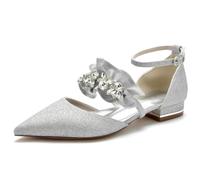 KUHAOFEU Ballet Flats for Women with Ankle Strap Sparkly Rhinestone Low Block Heels Pointed Toe Dress Wedding Party Shoes,Silver,4 UK