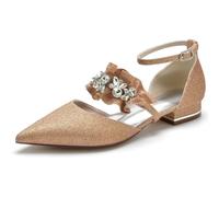 KUHAOFEU Ballet Flats for Women with Ankle Strap Sparkly Rhinestone Low Block Heels Pointed Toe Dress Wedding Party Shoes,Champagne,9 UK