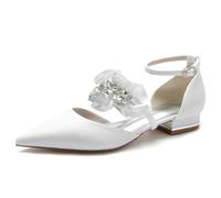 KUHAOFEU Ballet Flats for Women with Ankle Strap Sparkly Rhinestone Low Block Heels Pointed Toe Dress Wedding Party Shoes,White,5 UK