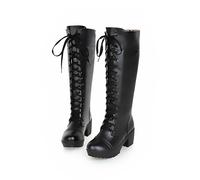 KUHAOFEU Black Combat Boots Womens Round Toe Gothic Lace Up Knee High Boots Platform Chunky Riding Tall Boot,Black,14 UK