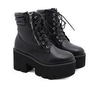 KUHAOFEU Black Platform Ankle Boots for Women Goth Rave Shoes Punk Lace Up Zipper Round Toe Chunky High Heels Booties,Black,10 UK