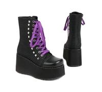 KUHAOFEU Black Women's Platform Ankle Boots Denim Stitching Wedge High Heel Boots Rivets Lace Up Goth Punk Booties,Black,15 UK