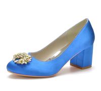 KUHAOFEU Chunky Block Low Heels Round Closed Toe Slip-On Bridal Wedding Guest Dress Prom Pumps Shoes for Women,Blue,7 UK
