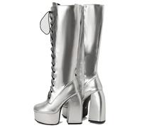 KUHAOFEU Chunky Platform Knee High Heeled Boots for Women Warm Faux Fur Lace Up Side Zipper Punk Goth Winter Snow Mid Calf Boots,Silver,6 UK