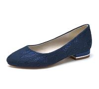 KUHAOFEU Dress Shoes for Women Round Toe Lace Slip On Ballet Flats Low Heel Bridal Bridesmaids Shoes,Navy,9 UK