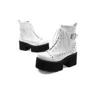 KUHAOFEU Fashion Block Heel Platform Combat Ankle Booties Women's Lace Up Studded Motorcycle Boots Mid Calf Boots,White,4 UK
