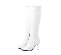 KUHAOFEU Faux Leather Knee Boots for Women Pointed Toe Stiletto Low Heel Tall Boots with Side Zipper for Fall Winter Office, Dresses & Parties,White,10 UK