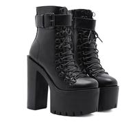 KUHAOFEU Gothic Ankle Boots for Women Studded Buckle Straps Chunky High Heels Platform Boots Lace Up Punk Combat Boots,Black,3 UK