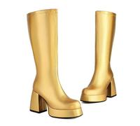 KUHAOFEU Heeled Platform Boots for Women Round Toe Chunky High Heels Zipper Knee High Boots,Gold,6 UK
