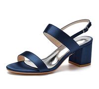 KUHAOFEU Heels for Women Open Toe Summer Sandals Buckled Low Chunky Heel Wedding Evening Pump Shoes with Ankle Strap,Dark Blue,2 UK