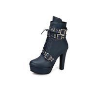 KUHAOFEU High Heel Boots for Women, Platform Sexy Round Toe Lace UP High Heels Mid Calf Boots,Blue,13 UK