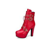 KUHAOFEU High Heel Boots for Women, Platform Sexy Round Toe Lace UP High Heels Mid Calf Boots,Red,14 UK