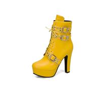 KUHAOFEU High Heel Boots for Women, Platform Sexy Round Toe Lace UP High Heels Mid Calf Boots,Yellow,9 UK