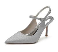 KUHAOFEU High Heels for Women Closed Pointed Toe Dress Shoes for Women Ankle Strap Stiletto Heel Party Wedding Sexy Pumps,Silver,3 UK