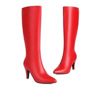 KUHAOFEU Kitten Heel Knee High Boots for Women Side Zipper Tall Leather Boots Pointed Toe Fall Winter Shoes,Red,2 UK