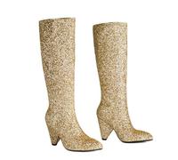 KUHAOFEU Knee High Boots for Women Chunky Block Heel Tall Booties Pointed Toe Slip On Fashion Dress Long Boots,Gold,8 UK