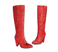 KUHAOFEU Knee High Boots for Women Chunky Block Heel Tall Booties Pointed Toe Slip On Fashion Dress Long Boots,Red,1 UK