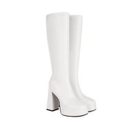 KUHAOFEU Knee High Boots for Women Platform Square Toe Chunky Block High Heel Tall Boots Ladies Disco Dress Long Boots,White,10 UK