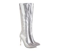 KUHAOFEU Knee High Boots for Women Pointed Toe Dress Shoes Stiletto Heel Party Wedding Sexy Tall Boots,Silver,2 UK