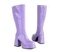 KUHAOFEU Knee High Platform Boots for Women Square Toe Chunky High Heel Shiny Patent-Look Tall Boots for Party Halloween Cosplay,Purple,5 UK