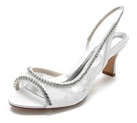 KUHAOFEU Lace Satin Slingback Elastic Strap Wedding Shoes Peep Toe Mid Kitten Heel Bridal Pumps Formal Dress Shoes,White,6 UK