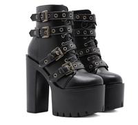 KUHAOFEU Lace Up Chunky Heel Ankle Booties for Women Block High Heel Platform Combat Boots with Zipper Closed,Black,6 UK