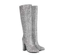 KUHAOFEU Low Chunky Pointed Toe Knee High Boots for Women Sparkly Booties for Wedding Party Date Dress,Silver,5 UK