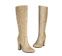 KUHAOFEU Low Chunky Pointed Toe Knee High Boots for Women Sparkly Booties for Wedding Party Date Dress,Gold,9 UK