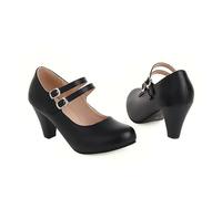 KUHAOFEU Mary Jane Oxford Pumps Cute Low Kitten Heels Retro Round Toe Church Shoe with Ankle Strap,Black,12 UK