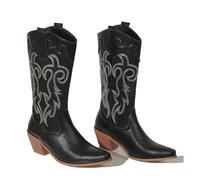 KUHAOFEU Mid Calf Cowgirl Boots for Women Chunky Stacked Heel Snip Toe Embroidered Western Tall Boots,Black,8 UK