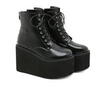 KUHAOFEU Platform Ankle Boots for Women Chunky High Heel Booties Goth Round Toe Combat Boots Lace Up Motorcycle Wedges,Black,2 UK