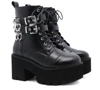 KUHAOFEU Platform Boots for Women Goth Rave Boots Round Toe Chunky Block Heel Combat Ankle Boot Side Zip Buckle Booties for Concert,Black,7 UK