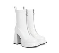 KUHAOFEU Platform Chunky Heel Ankle Boots for Women Square Toe Mid Calf Boots with Side Zippers for Party Cosplay Dance,White,5 UK