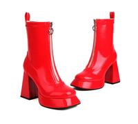 KUHAOFEU Platform Chunky Heel Ankle Boots for Women Square Toe Mid Calf Boots with Side Zippers for Party Cosplay Dance,Red,8 UK