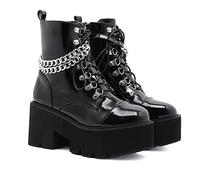 KUHAOFEU Platform Goth Boots for Women Lace Up Chunky Heel Combat Boots Round Toe Thick Sole Short Gothic Punk Ankle Booties,Black,6 UK