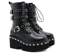 KUHAOFEU Platform Goth High Tops Boots for Women Studded Belt Buckle Motorcycle Boots Black Punk Booties Lace Up Mid-Calf Boots,Black,5 UK