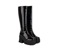KUHAOFEU Platform Knee High Boots for Women Round Toe Chunky Lug Sole Tall Boots with Side Zipper,Black,6 UK