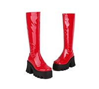 KUHAOFEU Platform Knee High Boots for Women Round Toe Chunky Lug Sole Tall Boots with Side Zipper,Red,2 UK
