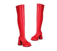KUHAOFEU Platform Thigh High Boots for Women Chunky Block Heels Over The Knee Square Toe Party Boots with Zipper,Red,2 UK